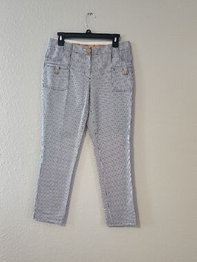 Tory Burch Navy and White Pinstripe Cropped Pants with Gold Trim